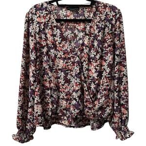 Sanctuary Cori Smocked Purple Ditsy Floral V-Neck Blouse Women’s L Surplice Top